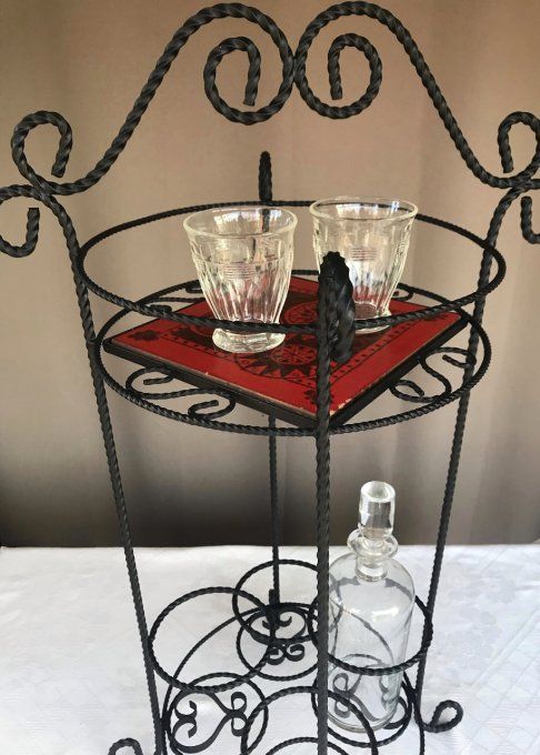 Magnifique serviteur fer forgé vintage, Porte 4 bouteilles et verres