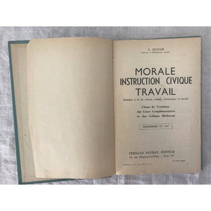 Livre : Morale, instruction civique , travail, programme 1947, Nathan
