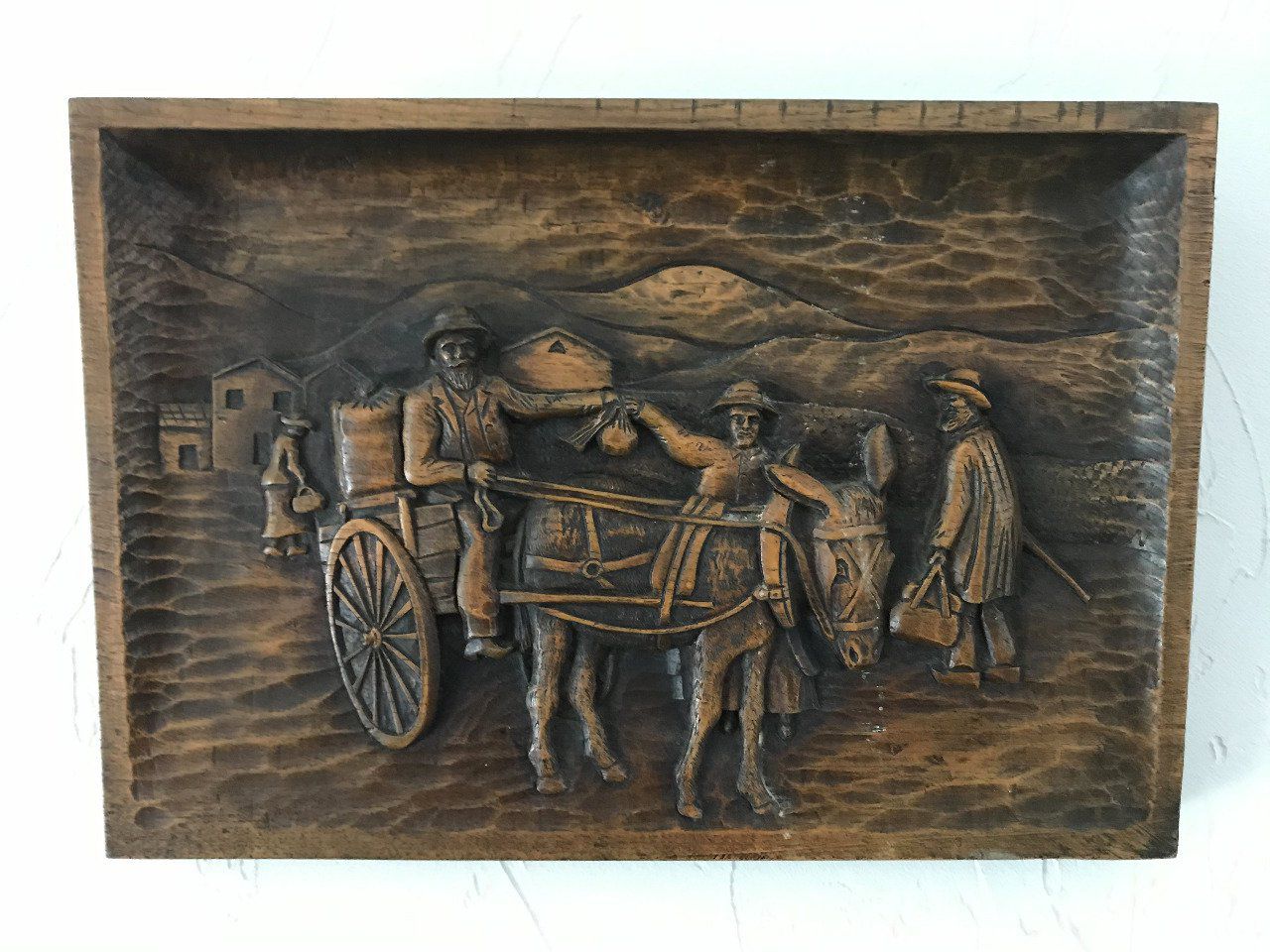 Tableau ancien sculpture sur bois, scène rurale