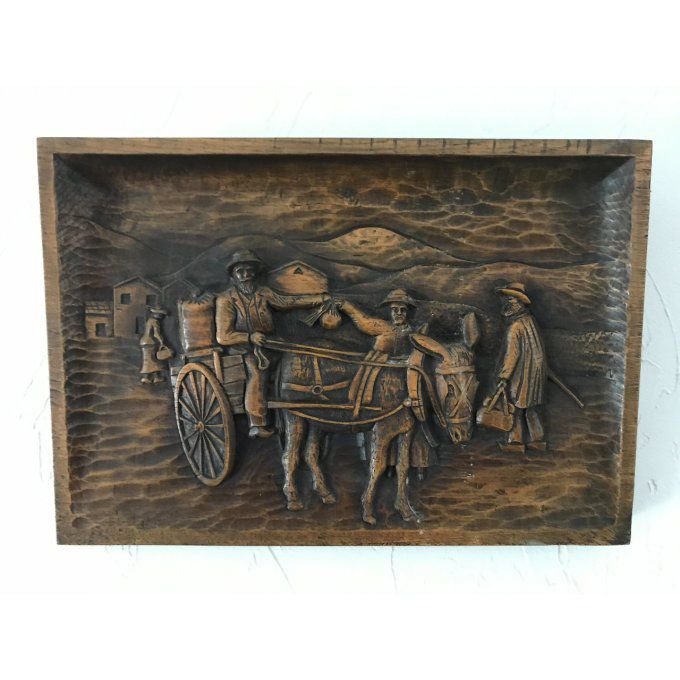 Tableau ancien sculpture sur bois, scène rurale