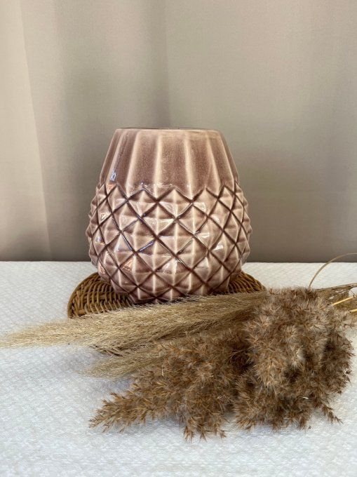 Joli vase en céramique texturé mauve / rose brun - Design Géométrique 'Ananas' 