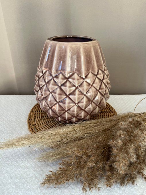 Joli vase en céramique texturé mauve / rose brun - Design Géométrique 'Ananas' 
