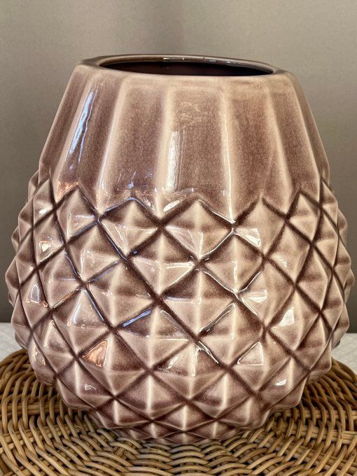 Joli vase en céramique texturé mauve / rose brun - Design Géométrique 'Ananas' 