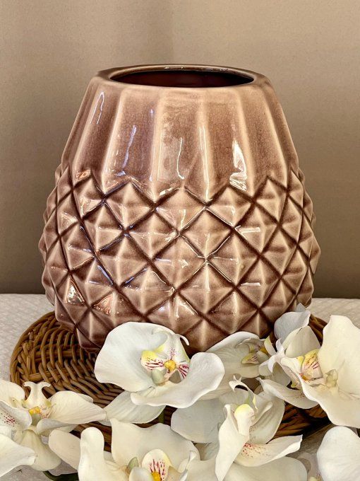 Joli vase en céramique texturé mauve / rose brun - Design Géométrique 'Ananas' 