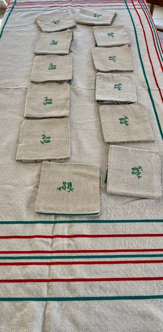 Beau linge de table Basque, vintage, Grande nappe et 12 serviettes, initiales brodées SM
