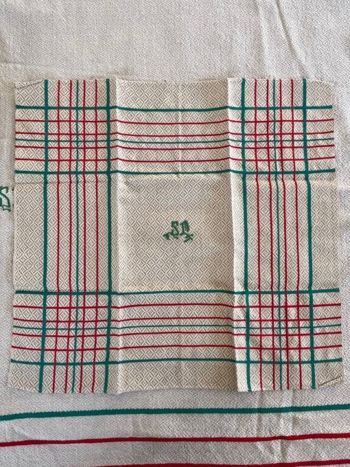 Beau linge de table Basque, vintage, Grande nappe et 12 serviettes, initiales brodées SM