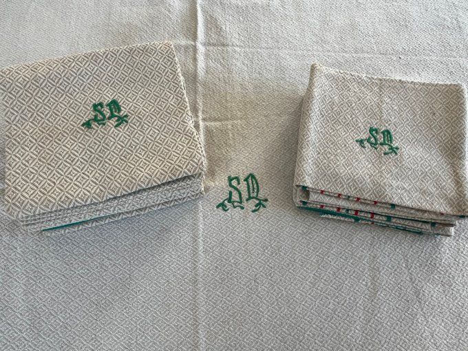 Beau linge de table Basque, vintage, Grande nappe et 12 serviettes, initiales brodées SM