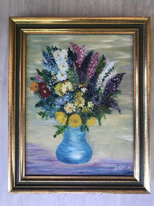 Peinture sur toile, bouquet de fleurs avec encadrement en bois