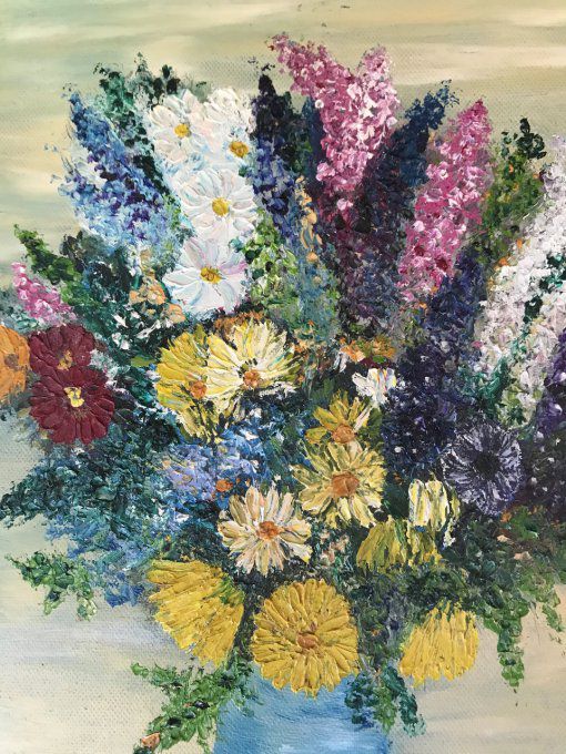 Peinture sur toile, bouquet de fleurs avec encadrement en bois