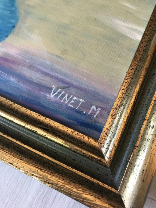 Peinture sur toile, bouquet de fleurs avec encadrement en bois