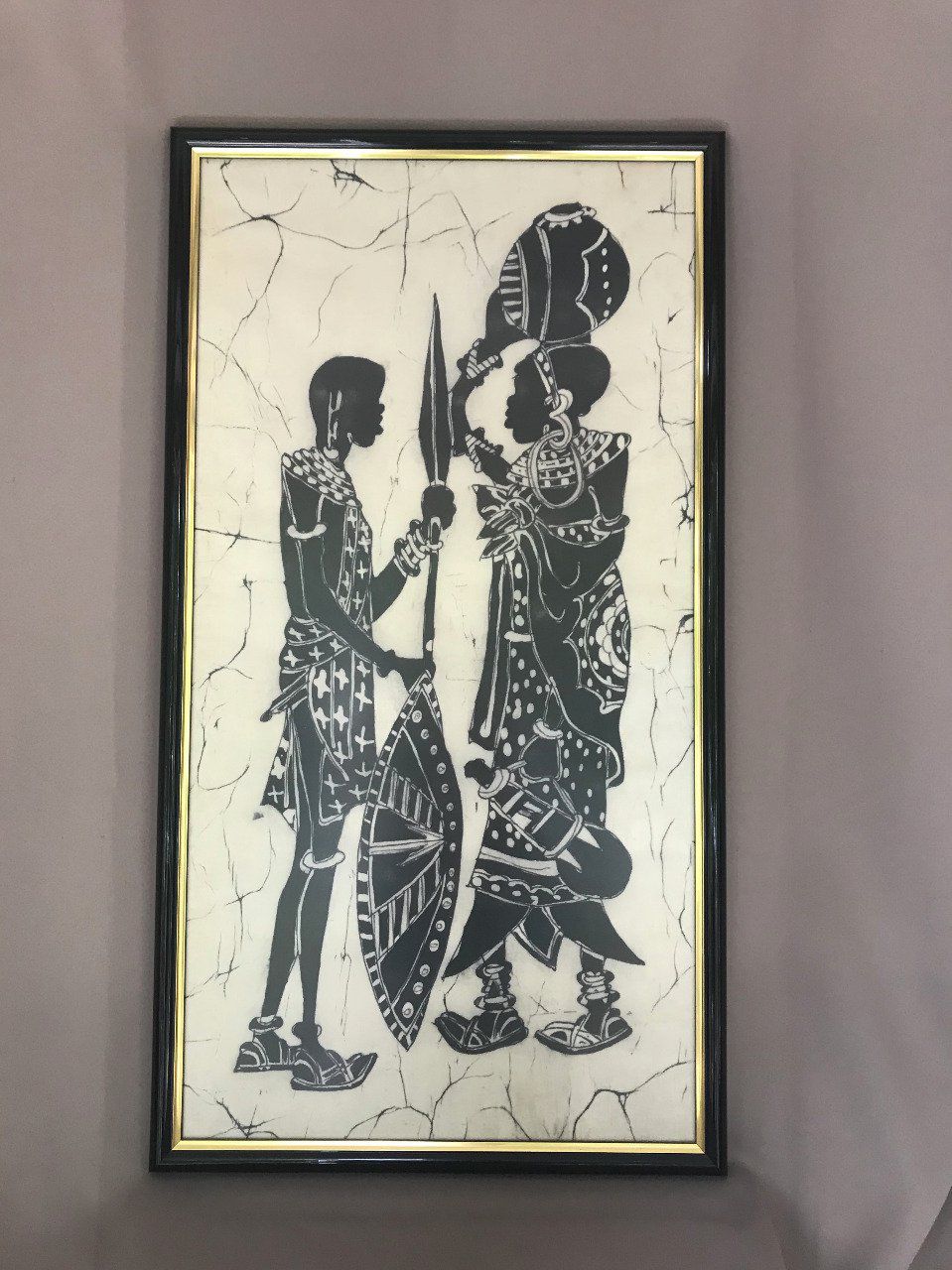 Peinture sur toile africaine, Batik kenyan avec cadre, Guerrier et porteuse d'eau