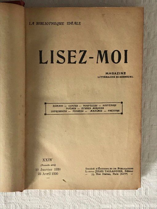 Livre, Lisez-moi, XXIV 1930, La Bibliothèque idéale. Magazine littéraire