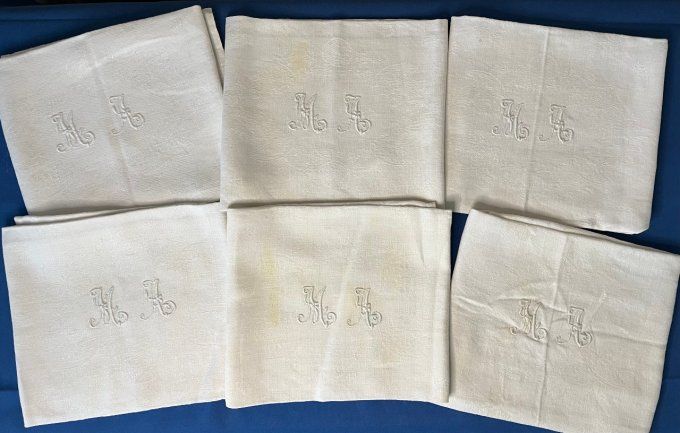 Ensemble de 6 serviettes de table anciennes, tissu damassé, monogramme brodé MA