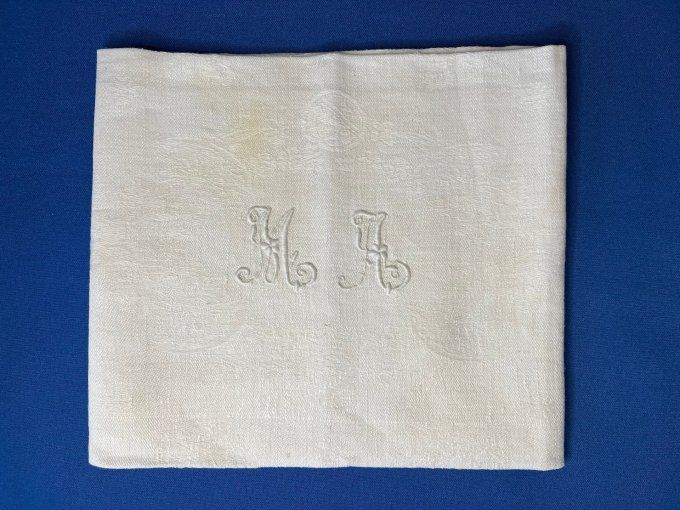 Ensemble de 6 serviettes de table anciennes, tissu damassé, monogramme brodé MA