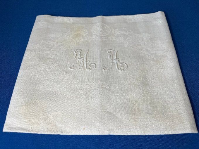 Ensemble de 6 serviettes de table anciennes, tissu damassé, monogramme brodé MA