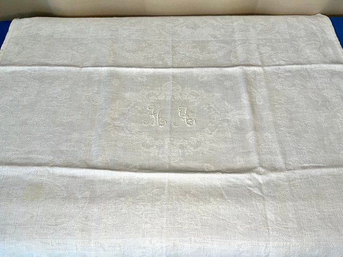 Ensemble de 6 serviettes de table anciennes, tissu damassé, monogramme brodé MA