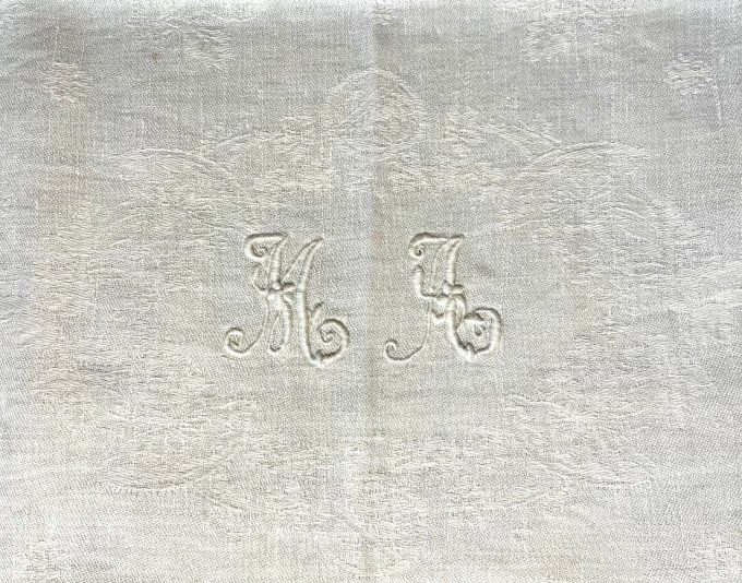 Ensemble de 6 serviettes de table anciennes, tissu damassé, monogramme brodé MA