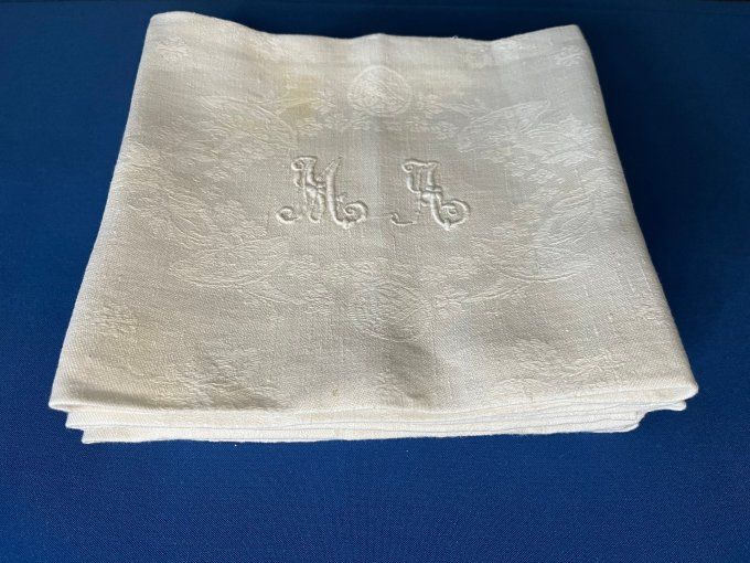 Ensemble de 6 serviettes de table anciennes, tissu damassé, monogramme brodé MA