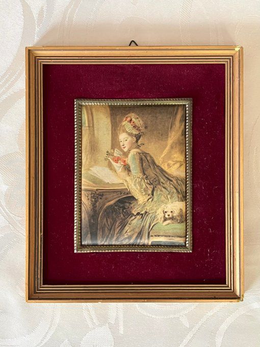 Tableau Vintage Reproduction sur Soie Fragonard Le Billet Doux