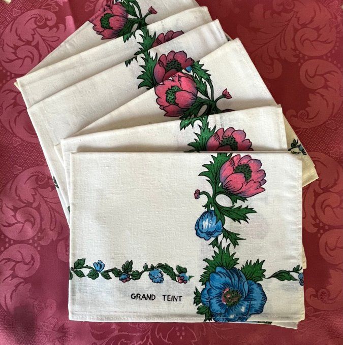 Lot de 6 torchons grand teint, motif à fleurs bleues et roses