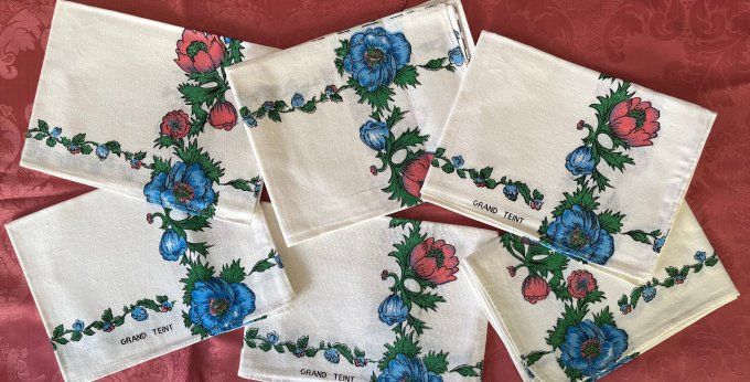 Lot de 6 torchons grand teint, motif à fleurs bleues et roses