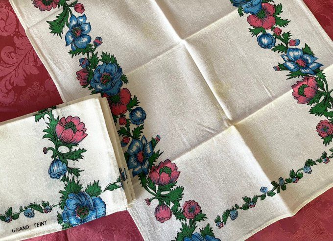 Lot de 6 torchons grand teint, motif à fleurs bleues et roses