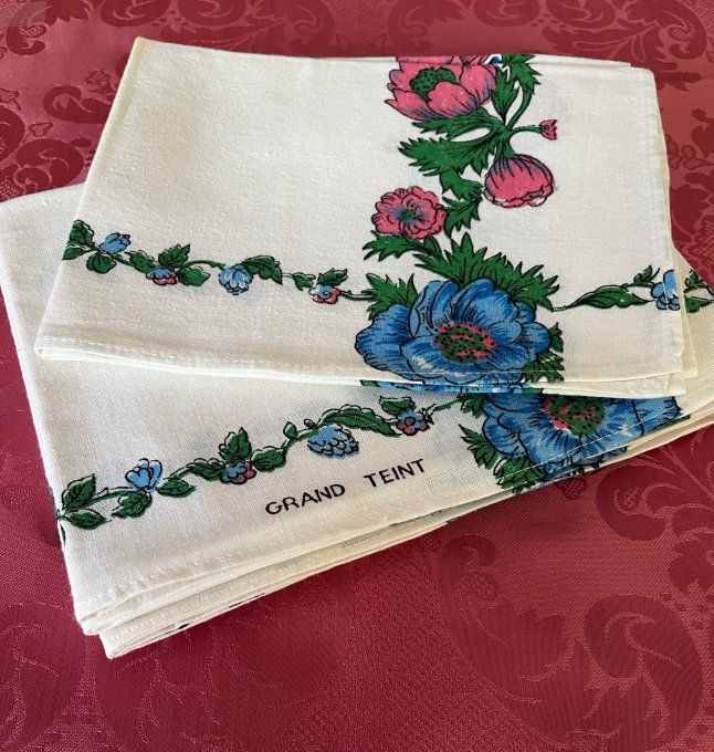 Lot de 6 torchons grand teint, motif à fleurs bleues et roses
