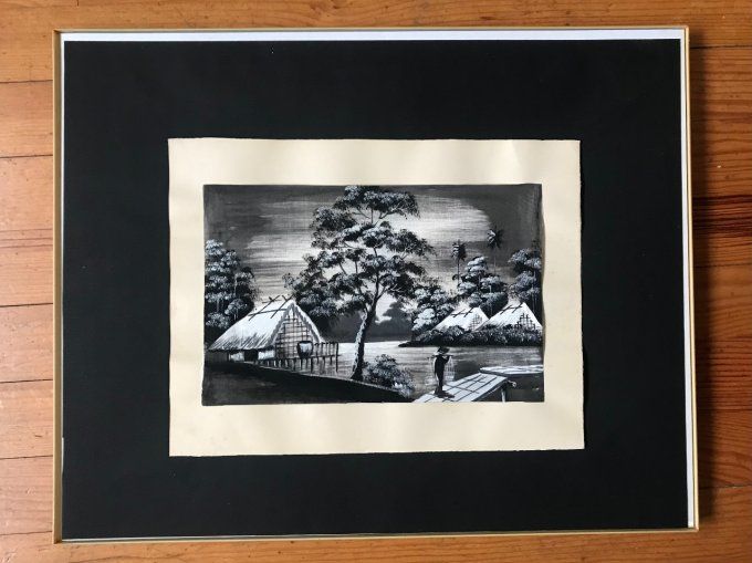 Peinture asiatique du Vietnam sous cadre, tableau paysage sur tissu, peintre Kim Son