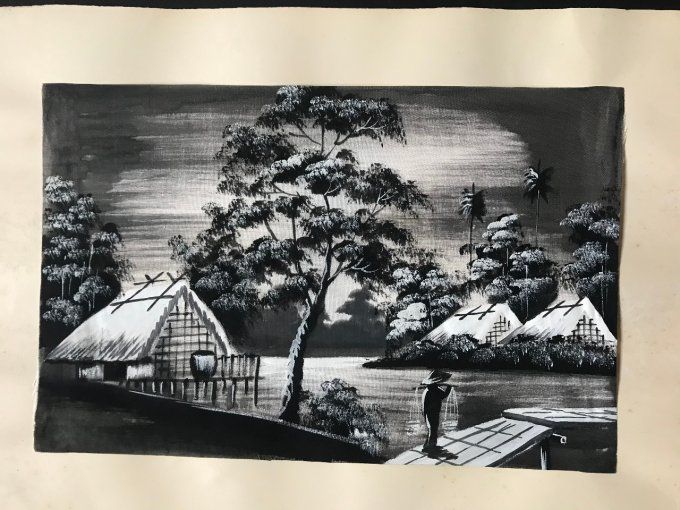 Peinture asiatique du Vietnam sous cadre, tableau paysage sur tissu, peintre Kim Son