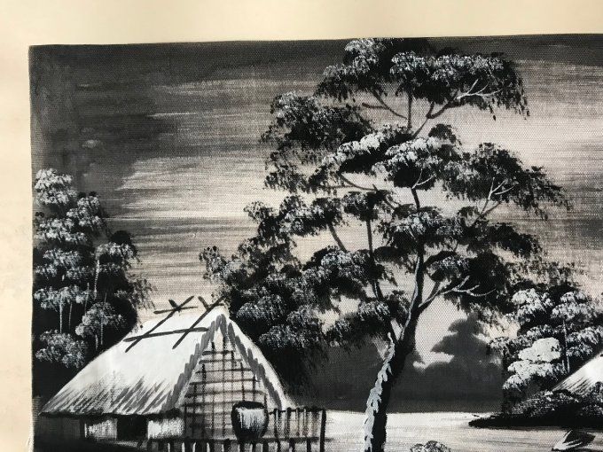 Peinture asiatique du Vietnam sous cadre, tableau paysage sur tissu, peintre Kim Son
