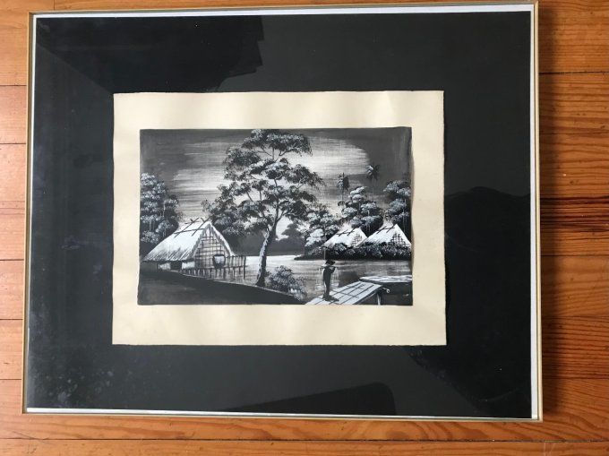 Peinture asiatique du Vietnam sous cadre, tableau paysage sur tissu, peintre Kim Son