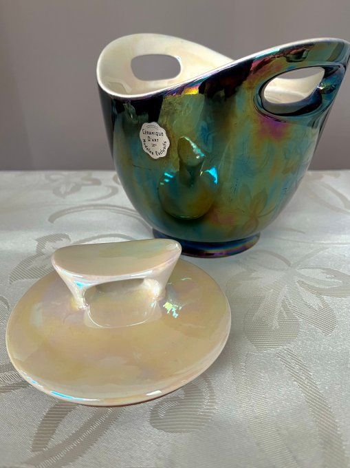 Pot à tabac ou vide poche en céramique irisée Denicotea – France, années 50/60