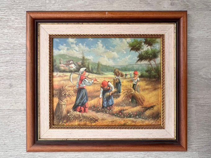 Tableau en Émaux d'Art "La Moisson" - Scène Rurale Ancienne, cadre en bois
