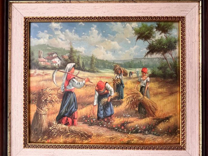 Tableau en Émaux d'Art "La Moisson" - Scène Rurale Ancienne, cadre en bois