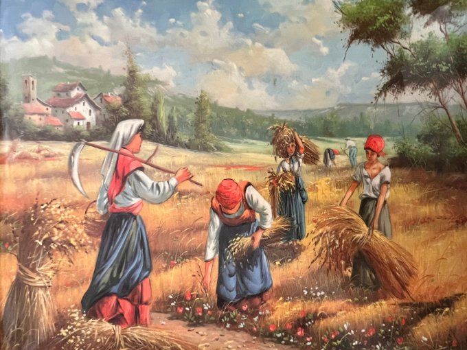Tableau en Émaux d'Art "La Moisson" - Scène Rurale Ancienne, cadre en bois