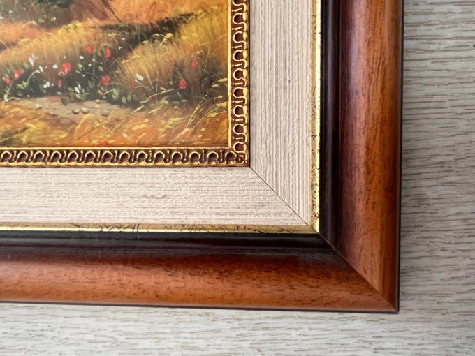 Tableau en Émaux d'Art "La Moisson" - Scène Rurale Ancienne, cadre en bois