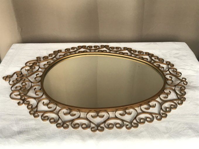 Magnifique miroir signé CHATY VALLAURIS A.M signé, en fer forgé, Vintage 