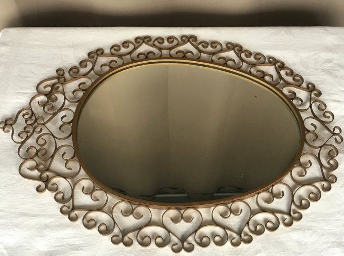 Magnifique miroir signé CHATY VALLAURIS A.M signé, en fer forgé, Vintage 