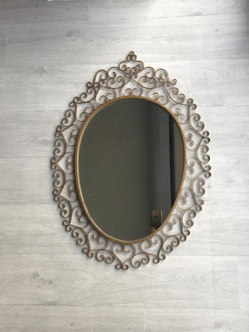 Magnifique miroir signé CHATY VALLAURIS A.M signé, en fer forgé, Vintage 