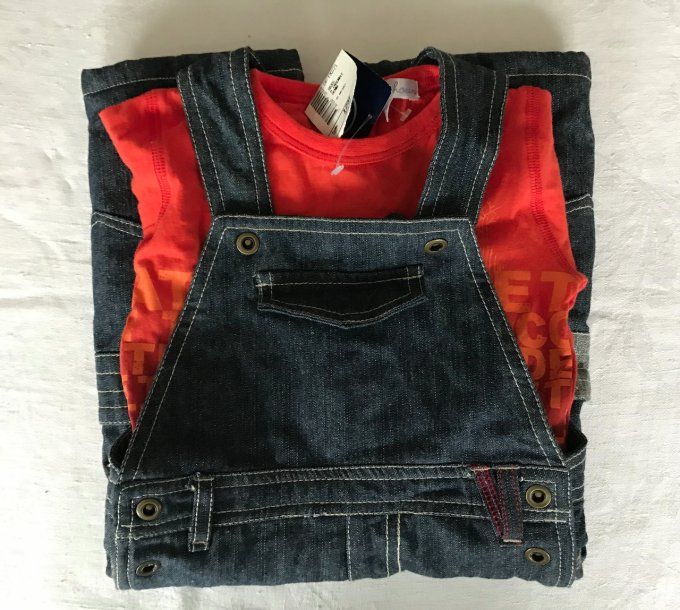 Ensemble neuf, salopette en jeans chaude et tee-shirt, 12 mois