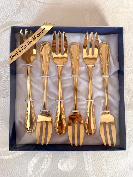 12 couverts à dessert dorés à l'or fin 24 carats neufs en boîte d'origine