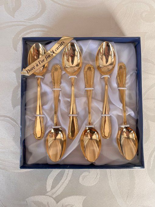 12 couverts à dessert dorés à l'or fin 24 carats neufs en boîte d'origine