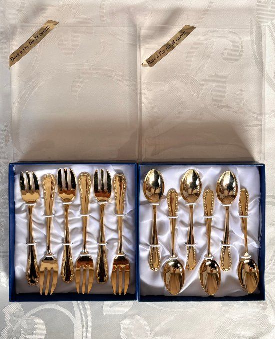 12 couverts à dessert dorés à l'or fin 24 carats neufs en boîte d'origine