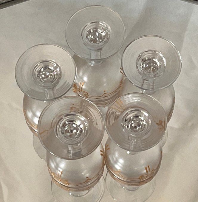 Lot de 5 petits verres à liqueur anciens en verre givré et décors dorés