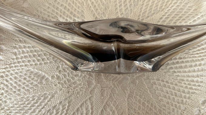 Coupe, centre de table ou vide-poche vintage en cristal bicolore transparent et gris fumé.
