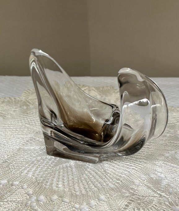 Coupe, centre de table ou vide-poche vintage en cristal bicolore transparent et gris fumé.