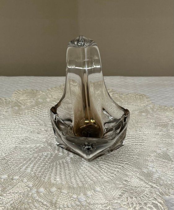 Coupe, centre de table ou vide-poche vintage en cristal bicolore transparent et gris fumé.