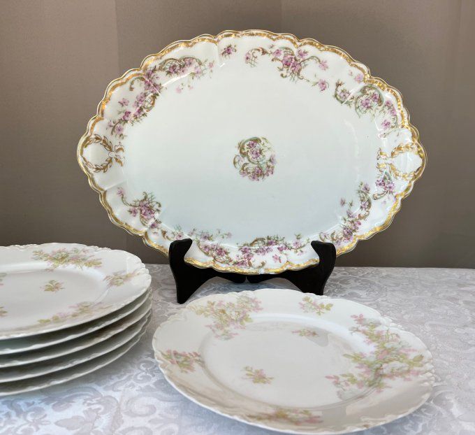 Lot de 6 assiettes anciennes en porcelaine de Limoges Haviland modèle The Bretagne, Art nouveau 