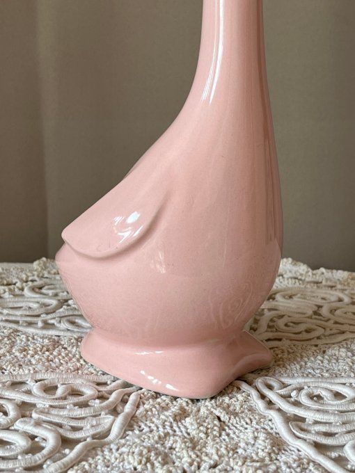 Vase / carafe décorative en céramique rose, oiseau stylisé, peint à la main