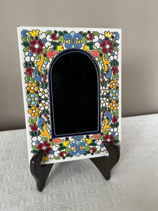 Joli miroir vintage en céramique, décor floral en émail cloisonné